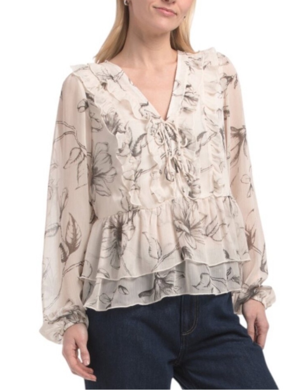 Haver & Blair Ruffle Tie-Neck Floral Blouse - Cream